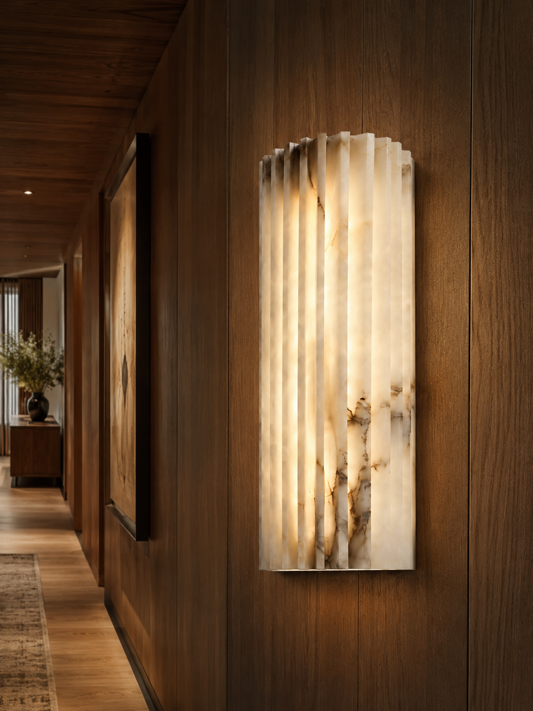 Aplique de pared de alabastro natural – Lámpara de pared estriada de piedra de lujo moderno